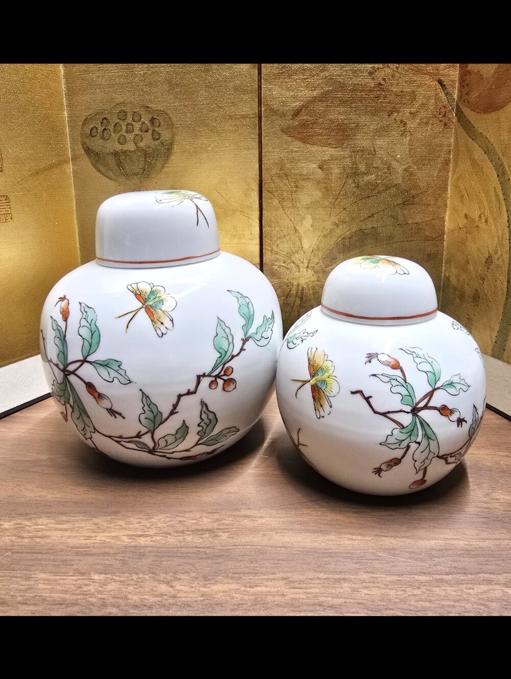 Vintage Hand-Painted Porcelain Ginger Jars with Floral & Butterfly Motif - White